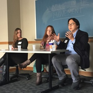 Panel on Working in the Movement, with Mary Clinton (alumni, now at CWA; Rachel Van Raan-Welch, alumni now at CIR SEIU; Ed Yoo, at NYSNA)